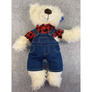 Build-A-Bear 25th Celebration Polar Bear Plush Plaid Shirt Denim Overalls NWT